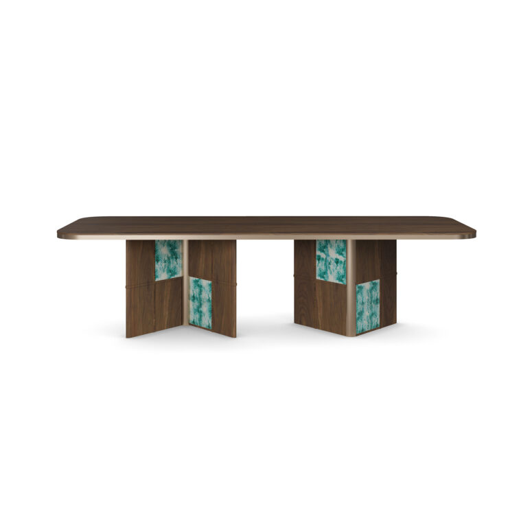 Contemporary dining table with a walnut tabletop, ceramic-accented legs in green, and brass tubing details, designed by Nolita Harbour. Side view