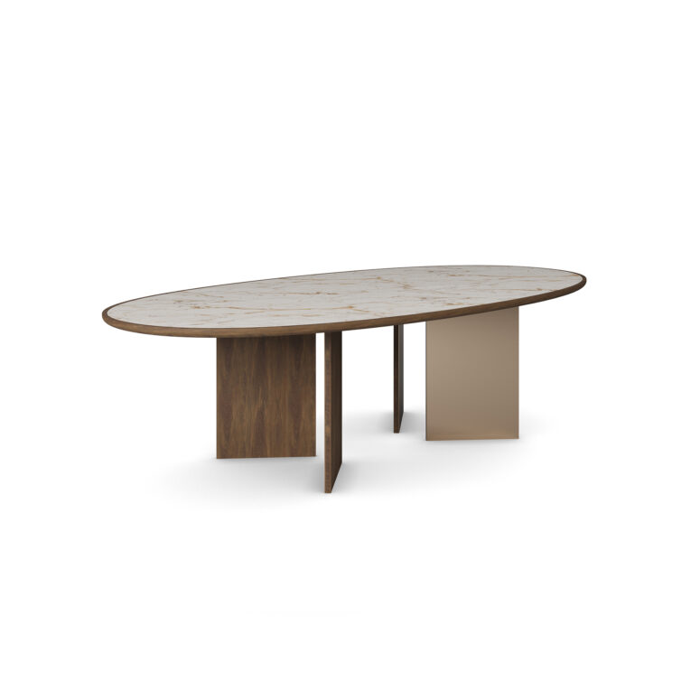 Oval dining table with a Calacatta Gold marble top, walnut wood legs, and polished brass accents, designed by Nolita Harbour. 45degree