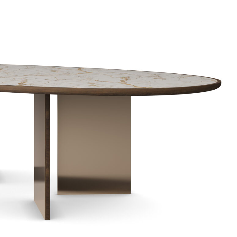 Oval dining table with a Calacatta Gold marble top, walnut wood legs, and polished brass accents, designed by Nolita Harbour. detail view