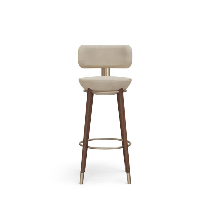 Rondi Bar Chair by Nolita Harbour – A walnut bar chair with beige upholstered seat and backrest, featuring brass footrest and leg accents.