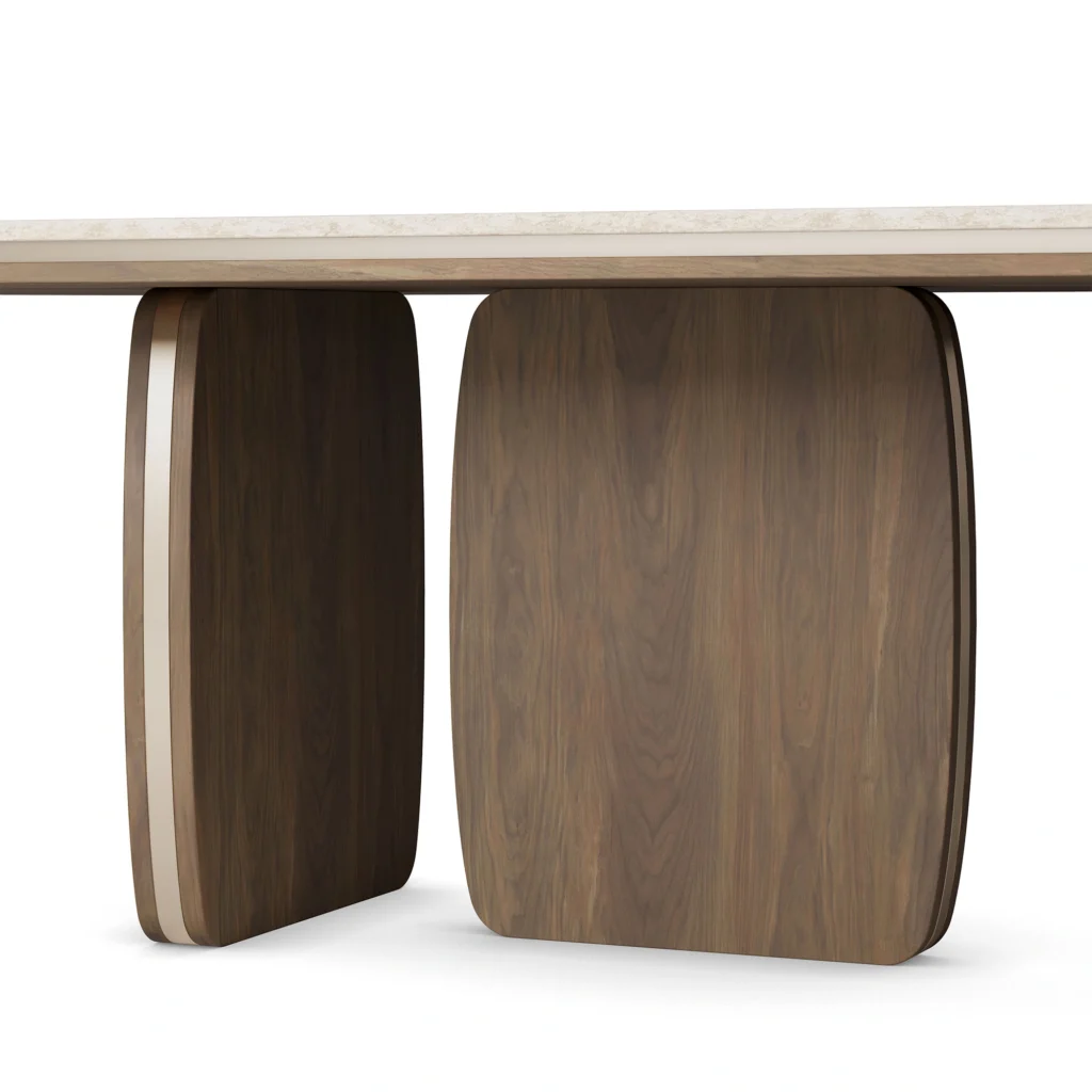 Assia II Dining Table, a modern dining table by Nolita Harbour in travertine and wood, offering a composed silhouette.