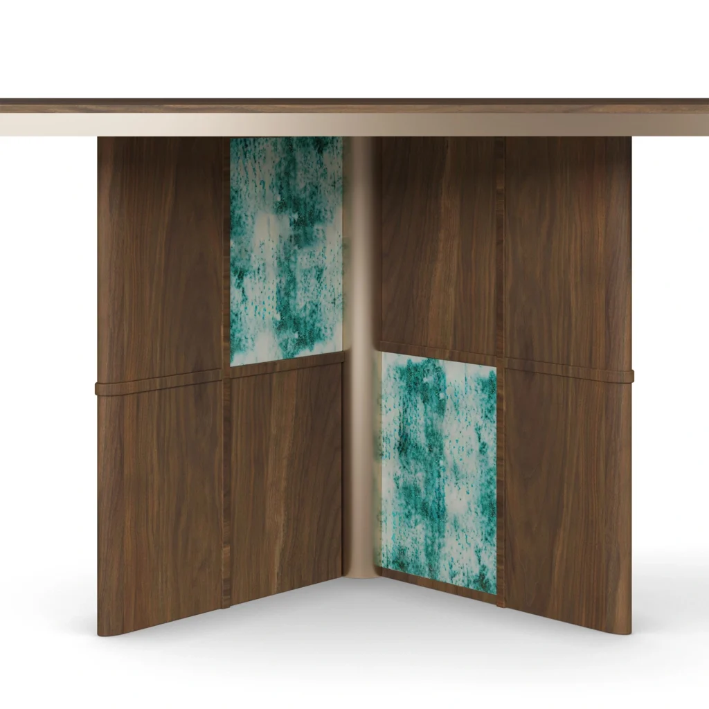 Axelle Dining Table, an architectural dining table by Nolita Harbour in walnut wood, with sculptural base and balanced design.