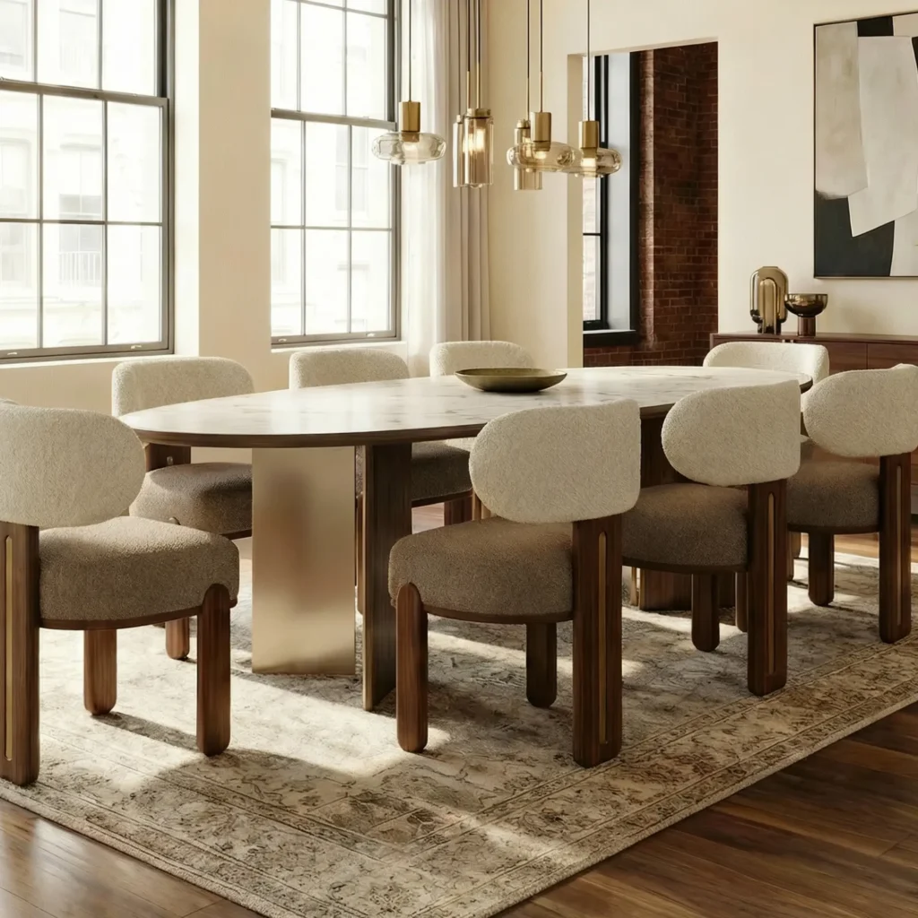 Dining room with Nolita Harbour dining furniture, such as the luxury lalacatta gold marble Bari dining table, surrounded by Diane dining chairs.