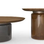 Berri Coffee Table by Nolita Harbour, a modern coffee table in glass, walnut, and brass details.