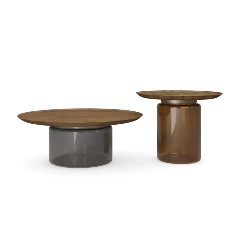 Berri Coffee Table by Nolita Harbour, a coffee table in tinted glass, walnut wood, and brass accents.