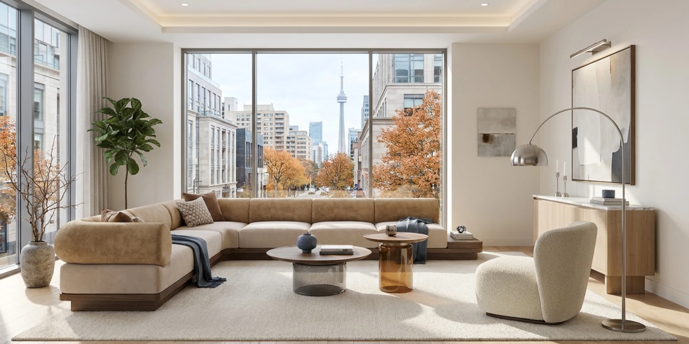 Living room with a berri coffee table, designed by Nolita Harbour, that appears almost weightless while holding a strong architectural outline.