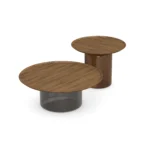 Berri Coffee Table by Nolita Harbour, designer coffee table with tinted glass, walnut frame, and brass.