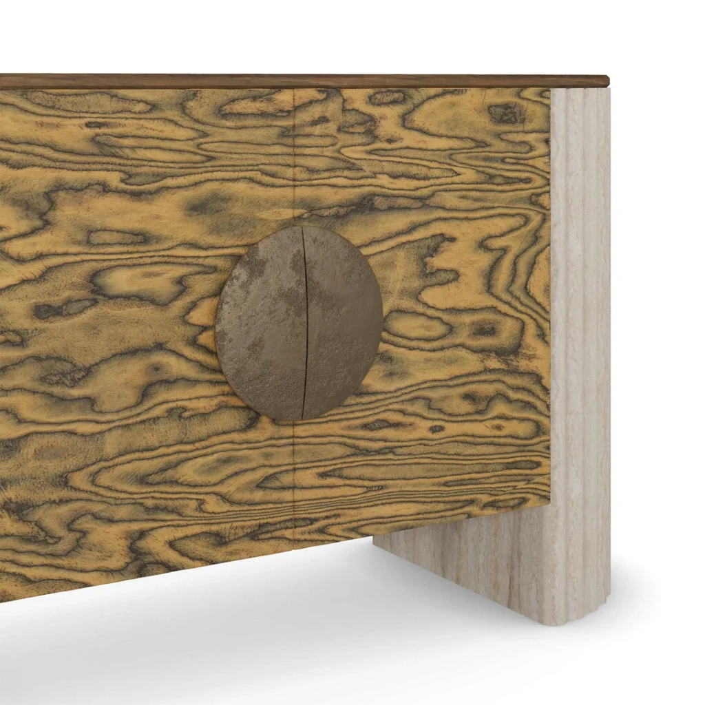 Cagli Sideboard, a minimalist sideboard by Nolita Harbour in olive ash burl, walnut, and brass, blending figured surfaces with precise geometry