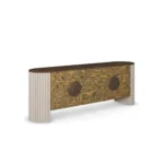 Cagli Sideboard, a sculptural sideboard by Nolita Harbour in olive ash burl, walnut, and brass, with a continuous façade and aged brass handles.