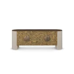 Cagli Sideboard, an elegant sideboard by Nolita Harbour in olive ash burl, walnut, and brass, featuring a long sculptural form with refined grain