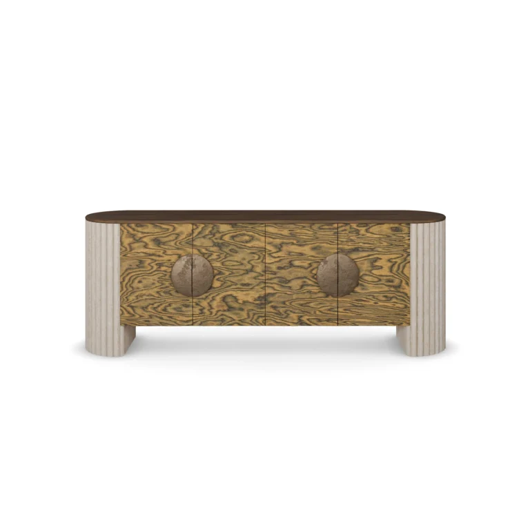 Cagli Sideboard, an elegant sideboard by Nolita Harbour in olive ash burl, walnut, and brass, featuring a long sculptural form with refined grain