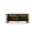 Opened Cagli Sideboard, a modern sideboard by Nolita Harbour in olive ash burl, walnut, and brass, featuring a calm silhouette and concealed storage