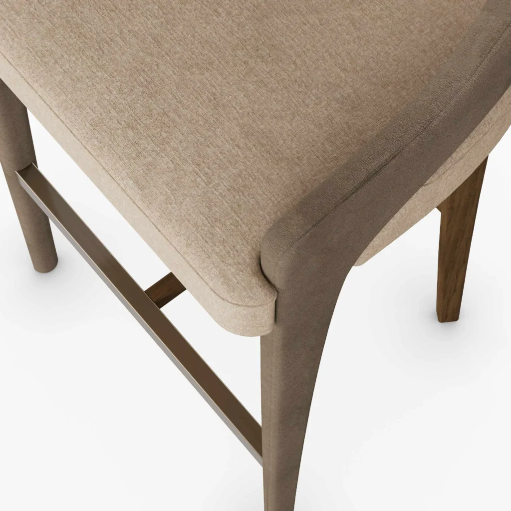 Dini upholstered bar chair detail by Nolita Harbour, wood frame stool with curved backrest and sleek architectural profile.