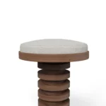Lola walnut bar chair detail by Nolita Harbour, luxury upholstered stool with tapered wood legs and refined curved back.