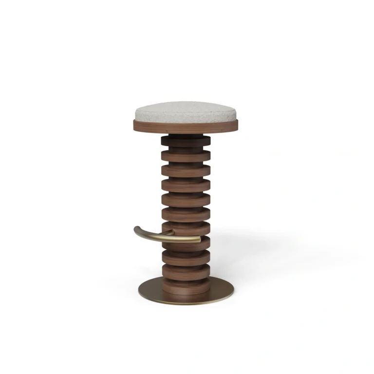 Lola bar chair by Nolita Harbour, upholstered walnut bar stool with curved back and slim architectural frame.