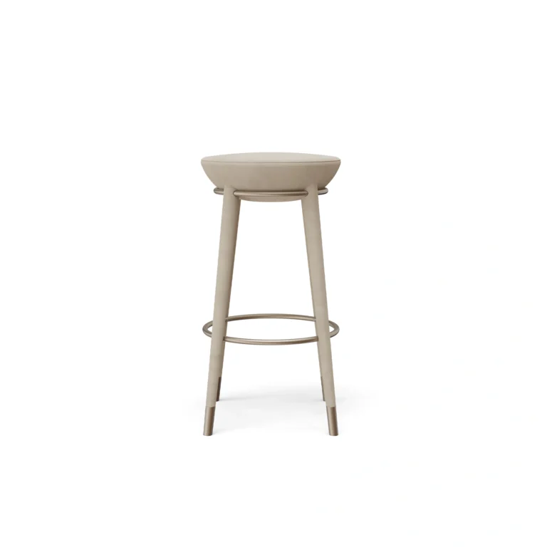 Rondi II bar chair by Nolita Harbour, bouclé upholstered walnut bar chair with brass footrest and sculptural silhouette.
