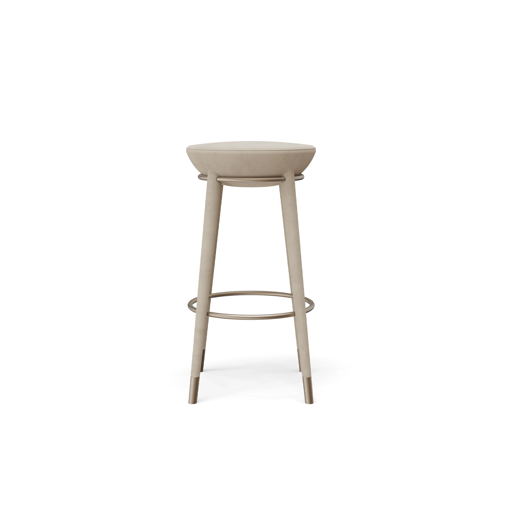 rondi-bar-chair-II-front-view-nolita-harbour Rondi II bar chair by Nolita Harbour, bouclé upholstered walnut bar chair with brass footrest and sculptural silhouette.