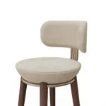 Rondi velvet bar chair details by Nolita Harbour, luxury upholstered stool with walnut base and refined architectural silhouette.