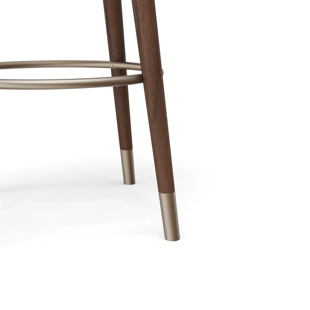 Rondi upholstered bar chair detail by Nolita Harbour, velvet seat with walnut frame and sculptural curved backrest.