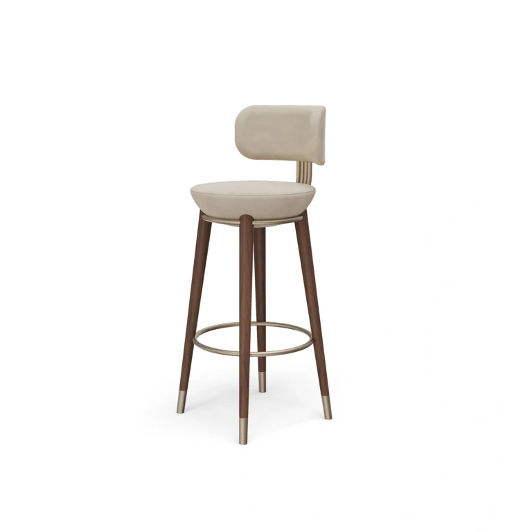Rondi bar chair by Nolita Harbour, velvet bar stool with curved walnut frame and metal footrest, sculptural design.