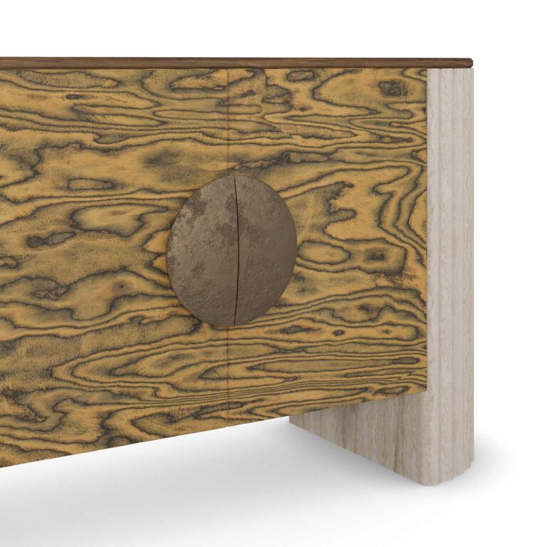 Sideboard with a walnut top, olive ash burl veneer doors, aged brass handles, and ribbed travertine legs, crafted by Nolita Harbour. detail view