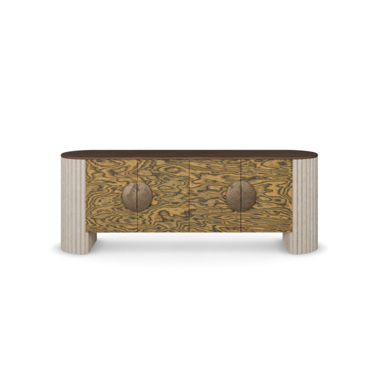 Sideboard with a walnut top, olive ash burl veneer doors, aged brass handles, and ribbed travertine legs, crafted by Nolita Harbour. front view