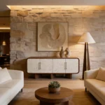 Luxury room with an elegant storage cabinet, the Viti sidebaords, by Nolita Harbour, as well as the sculptural wooden Bapt floor lamp to light it.