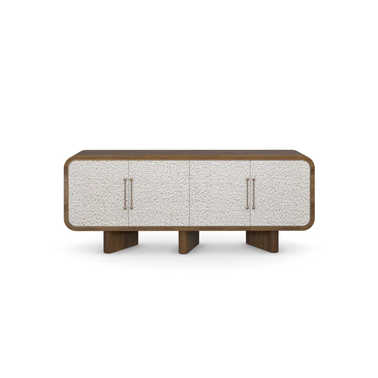 Viti Sideboard, an elegant sideboard by Nolita Harbour in walnut and textured veneer, featuring a linear form with patterned doors.