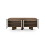 Opened Viti Sideboard, a sculptural sideboard by Nolita Harbour in walnut and textured veneer, with a calm façade and minimal hardware.