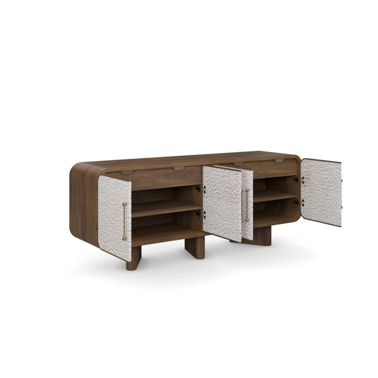 Viti Sideboard by Nolita Harbour – A luxurious walnut sideboard with three legs, featuring a unique shaded veneer on the doors for added texture and style. 45 degree