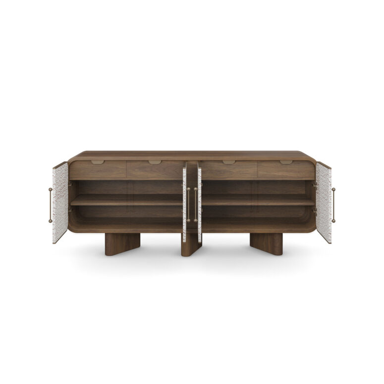 Viti Sideboard by Nolita Harbour – A luxurious walnut sideboard with three legs, featuring a unique shaded veneer on the doors for added texture and style. front view doors open