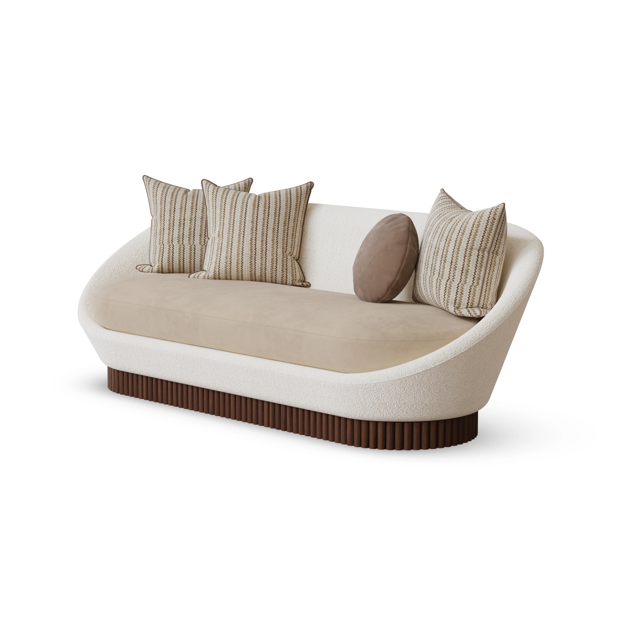 anki-sofa-front-view-1-nolita-harbour Anki sofa by Nolita Harbour, curved velvet sofa with bouclé shell and ribbed walnut base, sculptural contemporary seating.