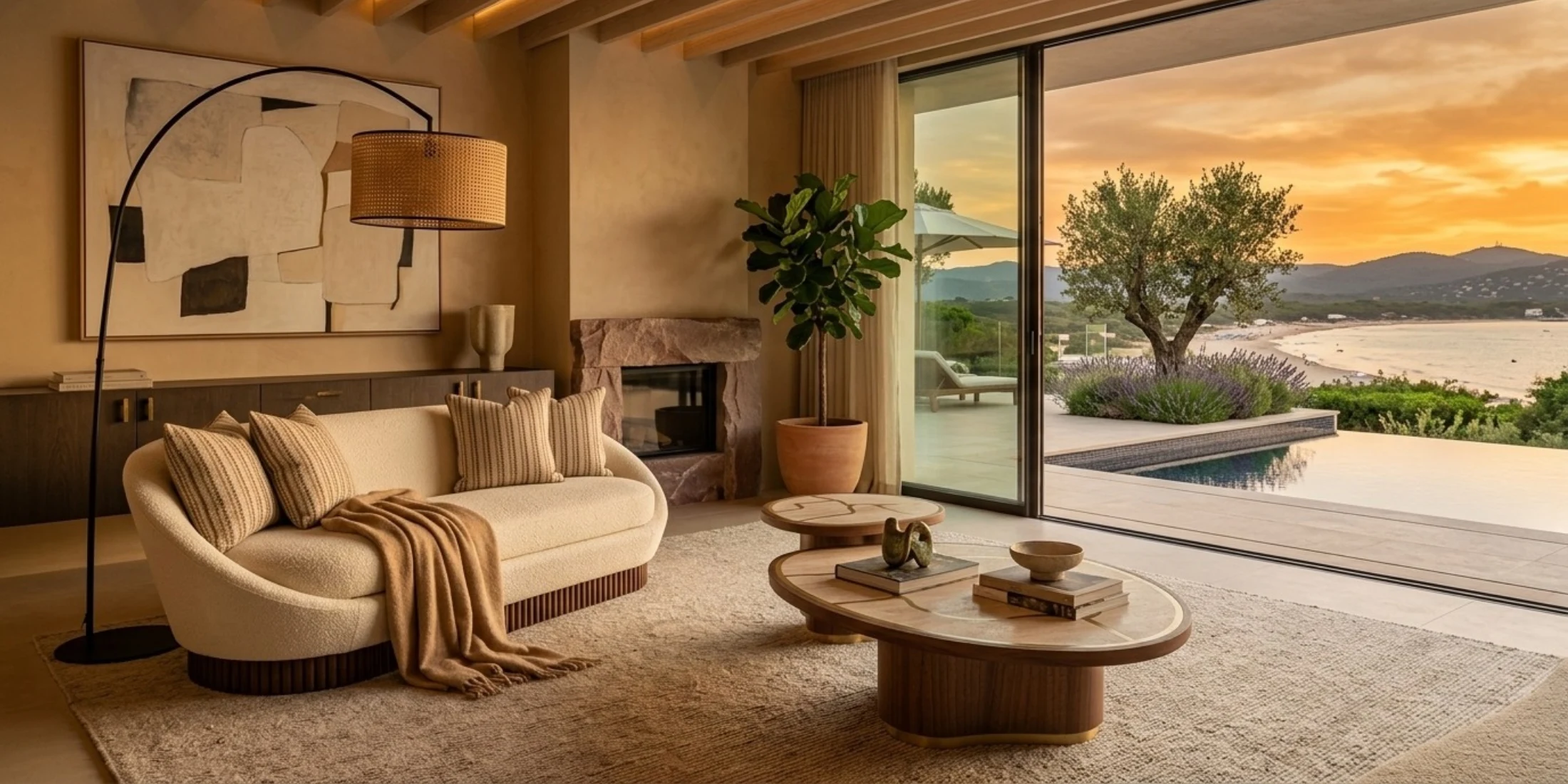 Anki curved sofa by Nolita Harbour in velvet and bouclé, modern upholstered sofa with walnut base in a soft, contemporary hotel living room setting.