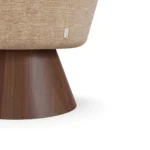 Basqui contemporary dining chair details by Nolita Harbour, upholstered bouclé chair with sculptural curves and walnut pedestal.