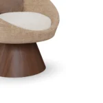 Basqui bouclé dining chair details by Nolita Harbour, luxury upholstered chair with walnut base and refined wraparound form.