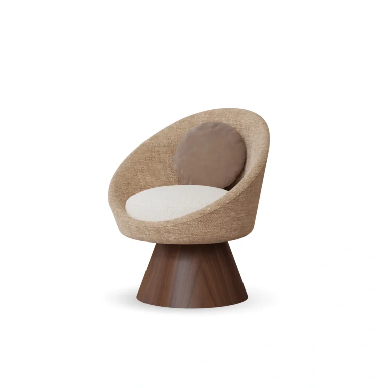 Basqui dining chair by Nolita Harbour, bouclé upholstered chair with walnut pedestal base and sculptural elliptical silhouette.