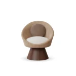 Basqui dining chair by Nolita Harbour, upholstered bouclé seat with walnut pedestal and sculptural contemporary design.