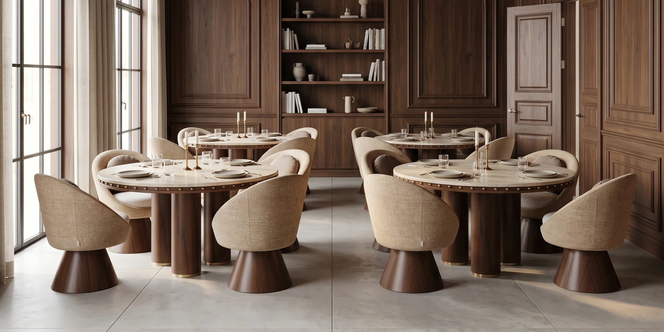 Basqui dining chair by Nolita Harbour, bouclé upholstered chair with walnut pedestal base and sculptural wraparound design around a luxury dining table.