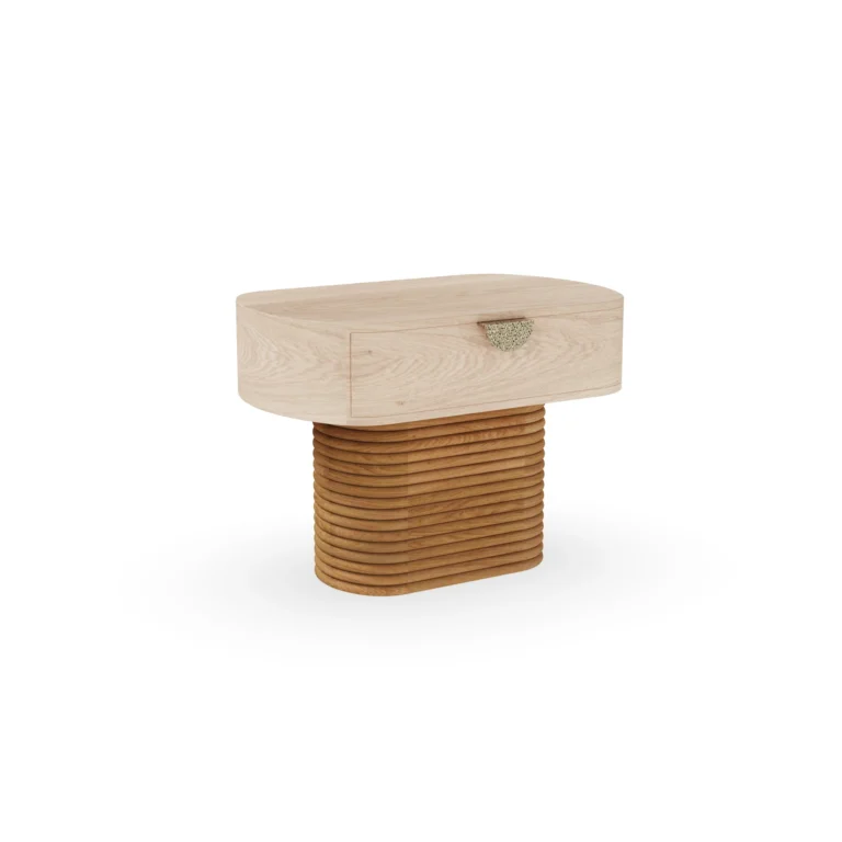 Bram Night Stand, by Nolita Harbour, a nightstand in oak wood with a ribbed base and a drawer storage.