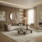 Ellora Sofa by Nolita Harbour, curved velvet and bouclé sofa in a warm living room with sculptural form and rounded wood base.