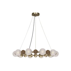 Laurent Suspension, a Lamp refined chandelier by Nolita Harbour in brass, walnut, and glass globes, creating a warm linear glow.