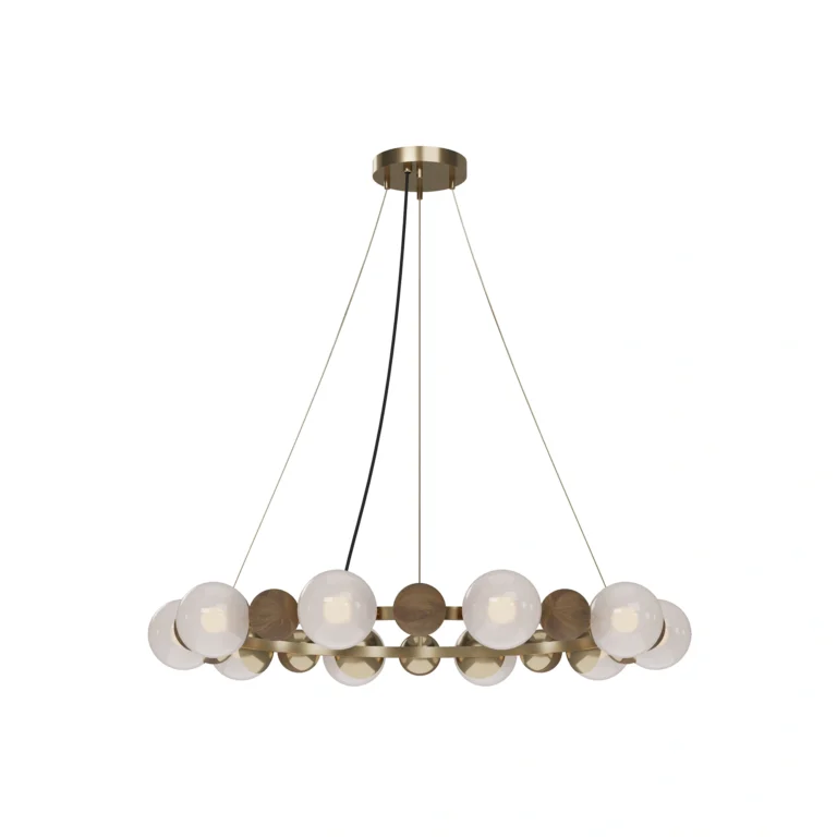 Laurent Suspension, a Lamp refined chandelier by Nolita Harbour in brass, walnut, and glass globes, creating a warm linear glow.