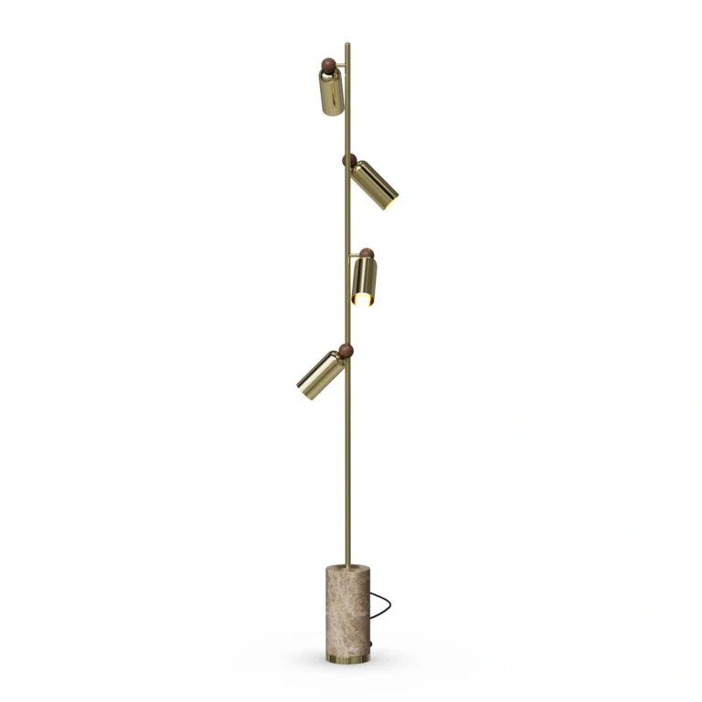 Alan Floor Lamp,a refined floor lamp by Nolita Harbour in brass, marble, and walnut, with adjustable spotlights.