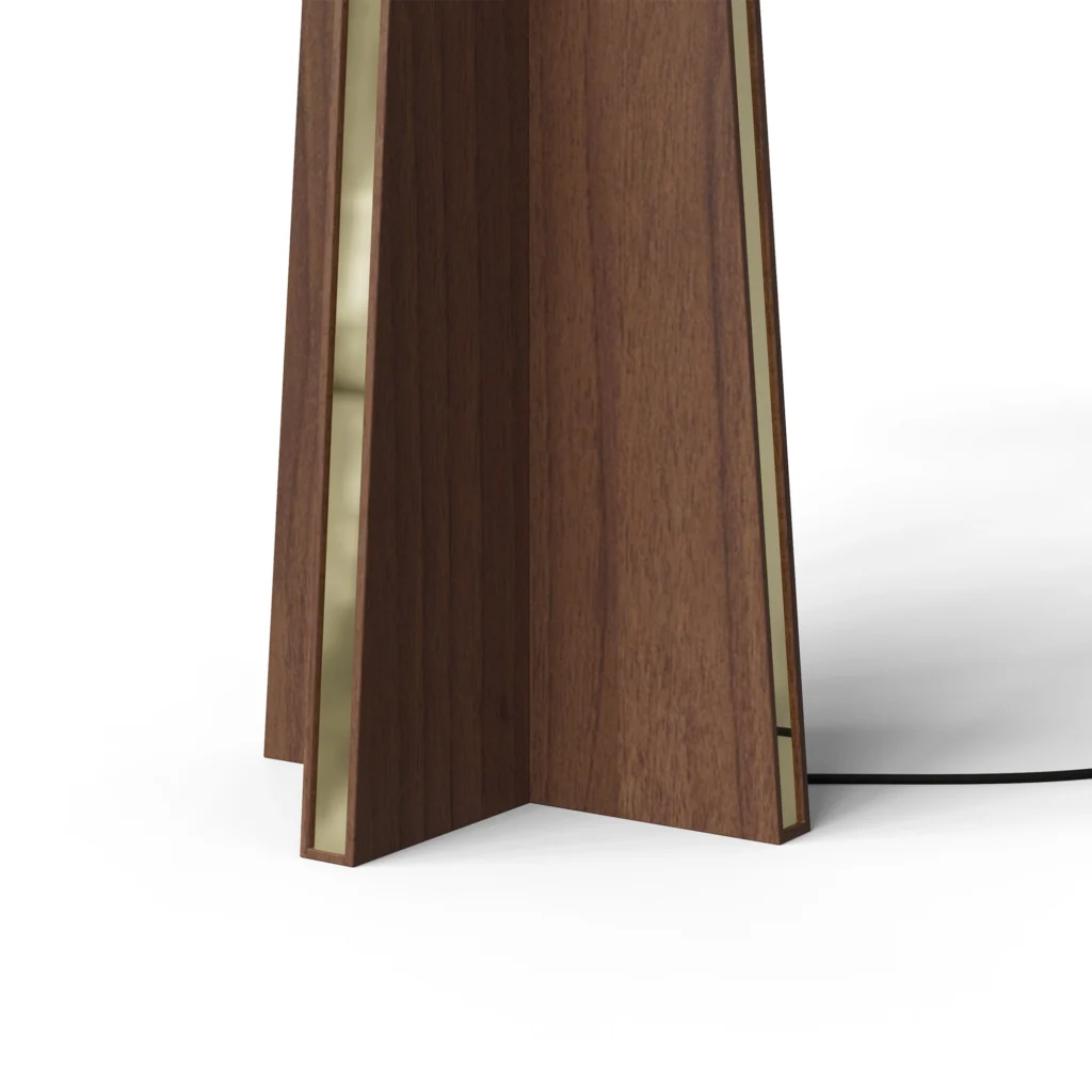 Bapt Floor Lamp, a refined floor lamp by Nolita Harbour that combines wood, brass inlay, and fabric shade for warm ambient light.