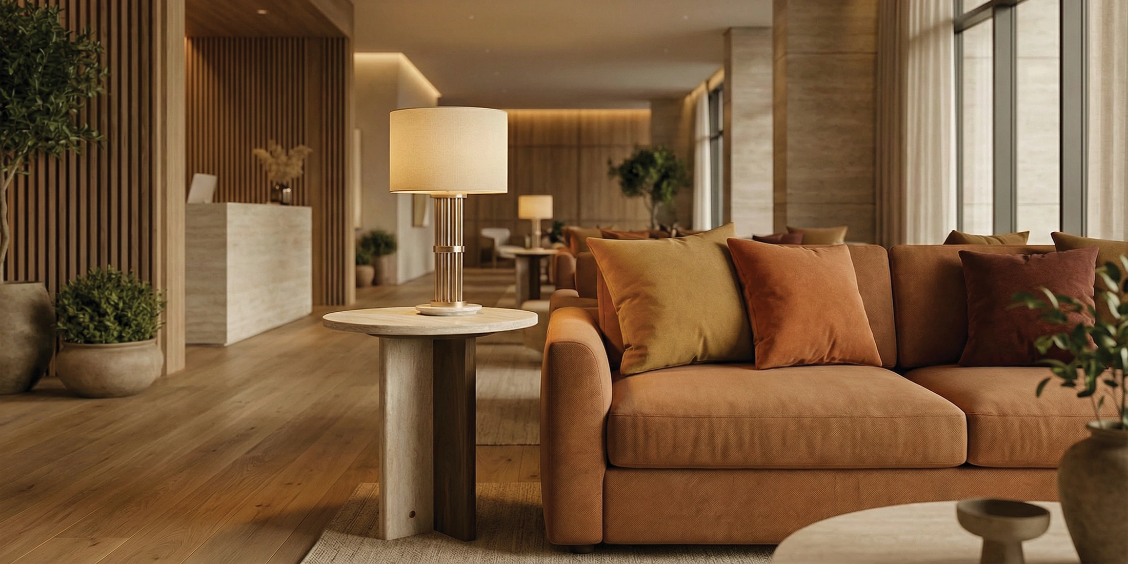 Hotel lobby design, with the travertine and walnut Isa side table, supporting the luxurious Blaise table lamp.