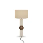 Christoph Table Lamp, a modern table lamp by Nolita Harbour in travertine, walnut, and fabric shade, with a clean form.