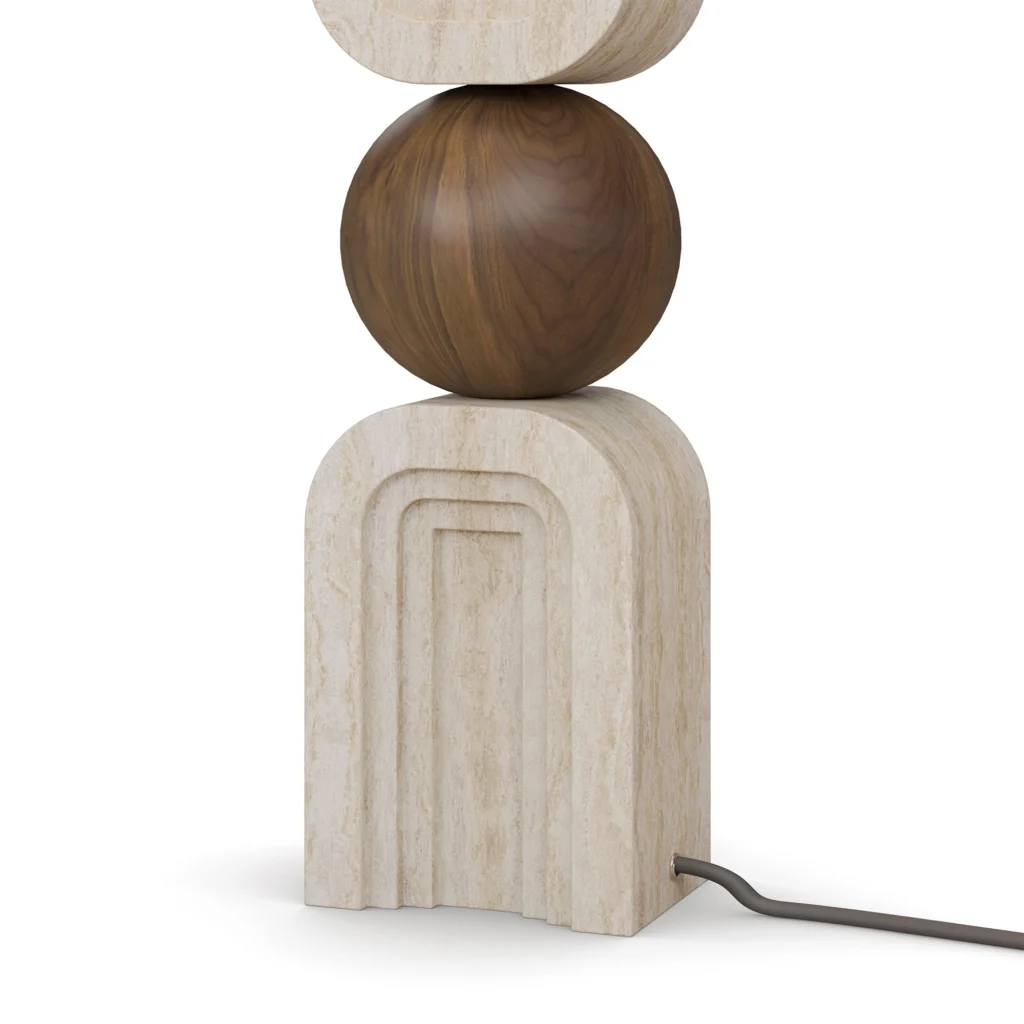 Christoph Table Lamp, a refined table lamp by Nolita Harbour combines travertine, walnut, and fabric shade for soft light.