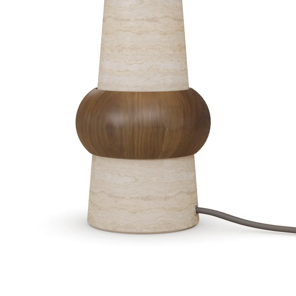 Claus Table Lamp, a refined table lamp by Nolita Harbour that combines travertine, walnut and lacquered dome shade for soft light.