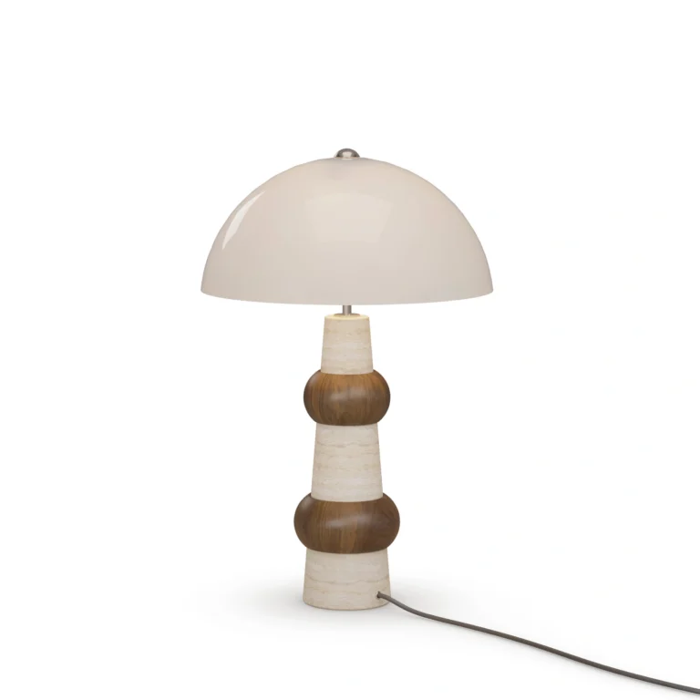 Claus Table Lamp, a sculptural table lamp by Nolita Harbour in travertine, walnut, and dome shade, casting a warm glow.