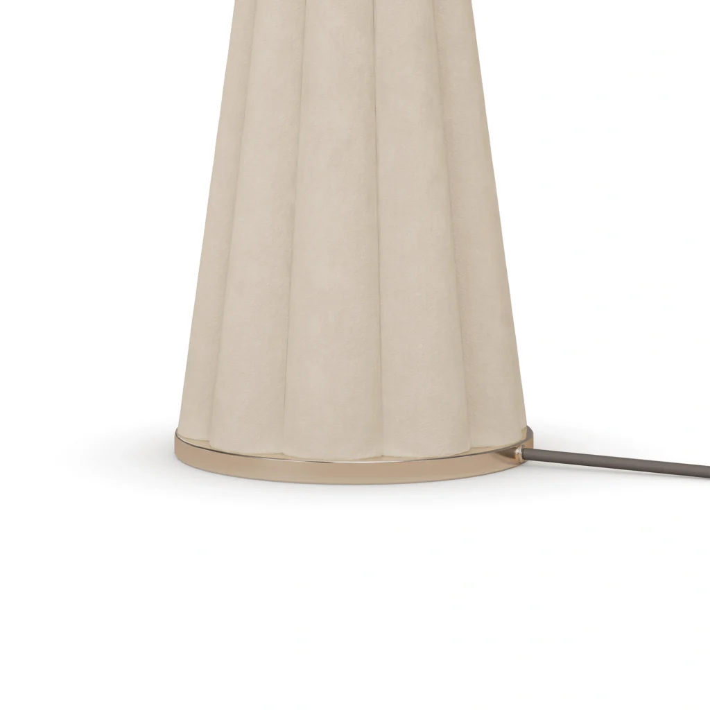 Filp Table Lamp, a refined table lamp by Nolita Harbour combines plaster base, brass detail, and fabric shade for warm light.